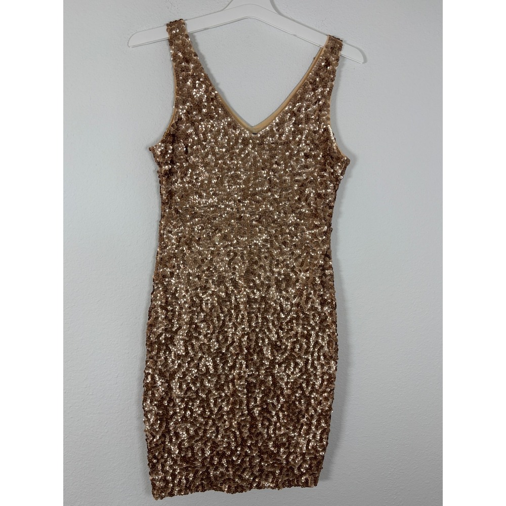 Rose Gold Sequin V-Neck Mini Dress Sleeveless Cocktail Party Shimmer Pink Gold